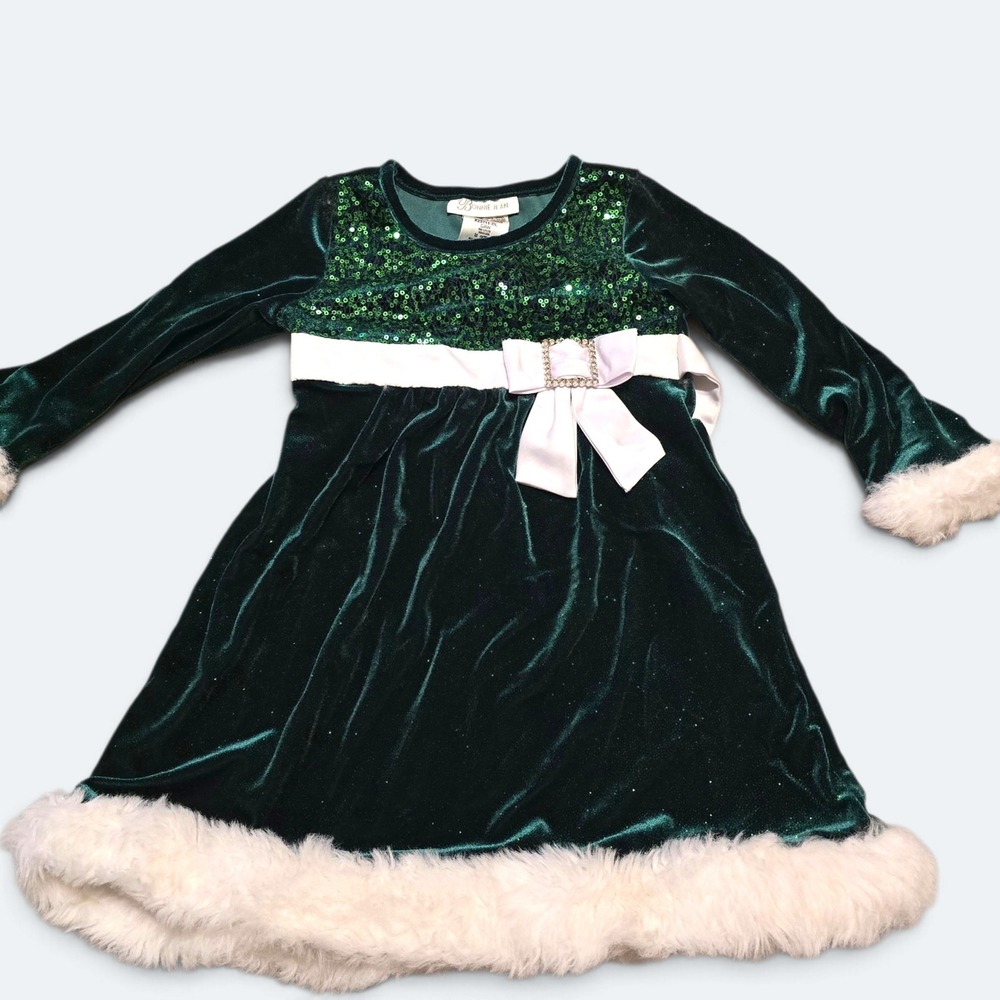 Bonnie Jean Toddler Girls 3T Green Velvet Sequin Faux Fur Christmas Dress